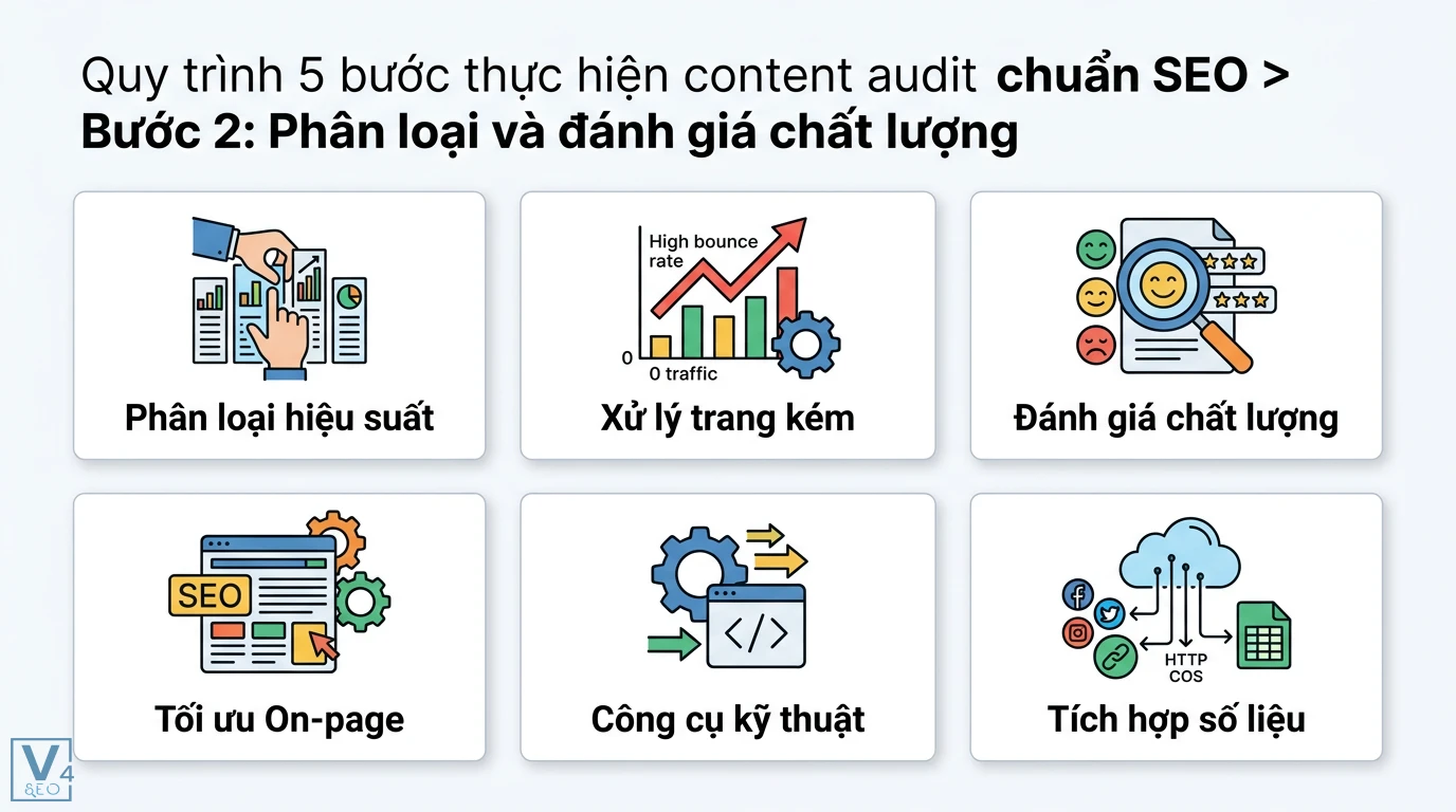 Content audit là gì? Hướng dẫn quy trình 5 bước kèm template Excel 2 Phân loại hiệu suất, xử lý trang kém, đánh giá chất lượng, tối ưu on-page và tích hợp số liệu kỹ thuật trong quy trình content audit chuẩn SEO