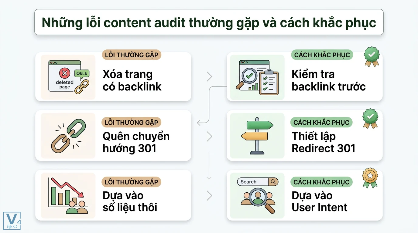 Content audit là gì? Hướng dẫn quy trình 5 bước kèm template Excel 3 Lỗi content audit thường gặp và cách khắc phục qua việc kiểm tra backlink, thiết lập redirect 301 và tối ưu nội dung theo user intent