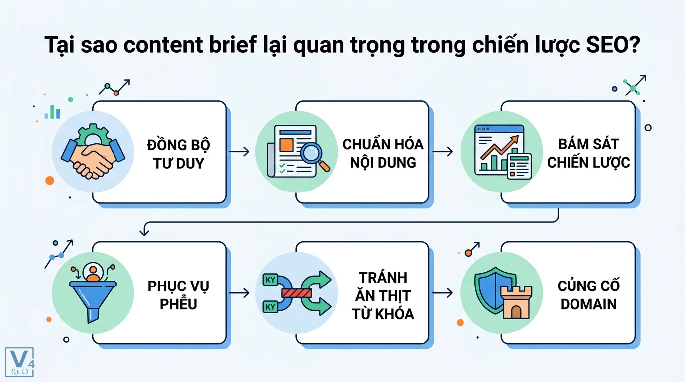 Content brief là gì? Cách viết chuẩn SEO kèm mẫu và mẹo dùng AI 1 Vai trò content brief giúp đồng bộ tư duy, chuẩn hóa nội dung, bám sát chiến lược, phục vụ phễu, tránh ăn thịt từ khóa và củng cố domain