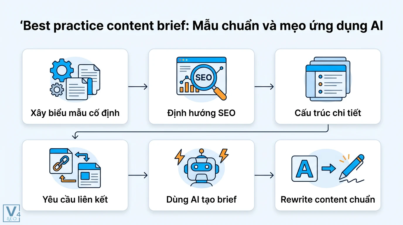 Content brief là gì? Cách viết chuẩn SEO kèm mẫu và mẹo dùng AI 2 Quy trình tạo content brief chuẩn SEO gồm xây biểu mẫu, định hướng SEO, cấu trúc chi tiết, yêu cầu liên kết, dùng AI và rewrite content