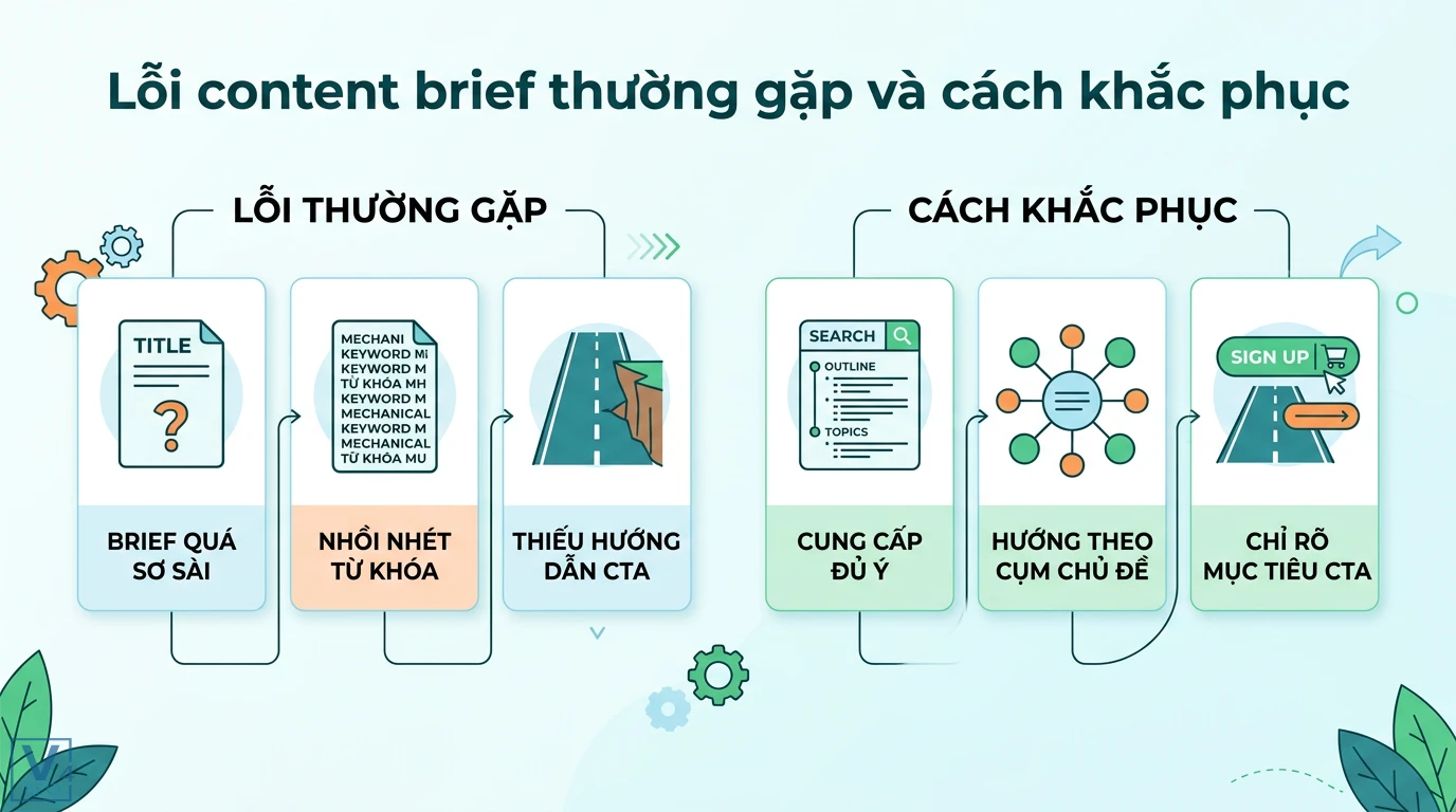 Content brief là gì? Cách viết chuẩn SEO kèm mẫu và mẹo dùng AI 3 Lỗi content brief thường gặp như brief sơ sài, nhồi nhét từ khóa và cách khắc phục bằng việc triển khai cụm chủ đề, xác định rõ mục tiêu CTA
