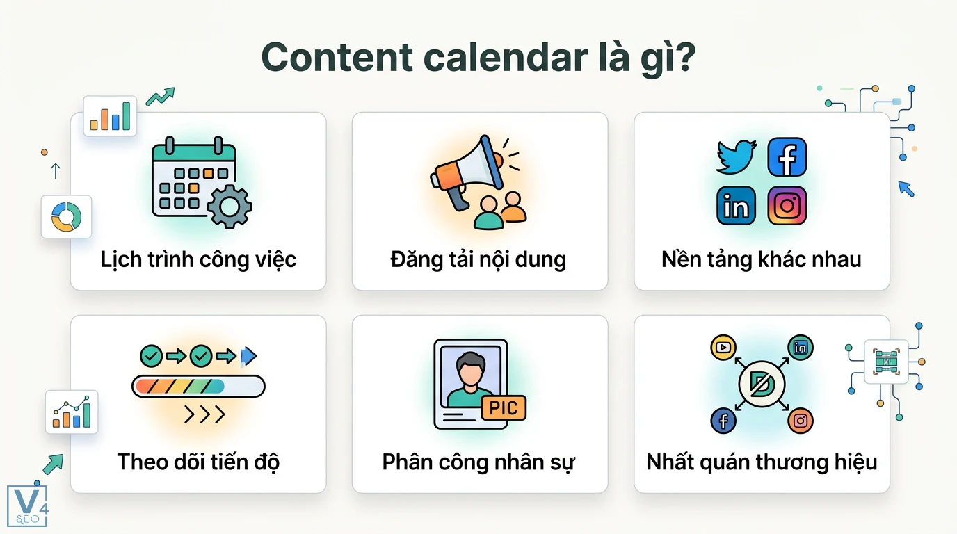Content calendar là gì? Lập lịch nội dung đa kênh tích hợp AI 1 Content calendar quản lý lịch trình, đăng tải nội dung đa nền tảng, theo dõi tiến độ, phân công nhân sự và đảm bảo nhất quán thương hiệu