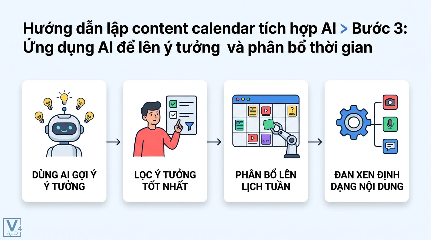 Content calendar là gì? Lập lịch nội dung đa kênh tích hợp AI 2 Ứng dụng AI gợi ý ý tưởng, lọc nội dung tốt nhất, phân bổ vào lịch tuần và đan xen đa dạng định dạng nội dung sáng tạo cho content calendar
