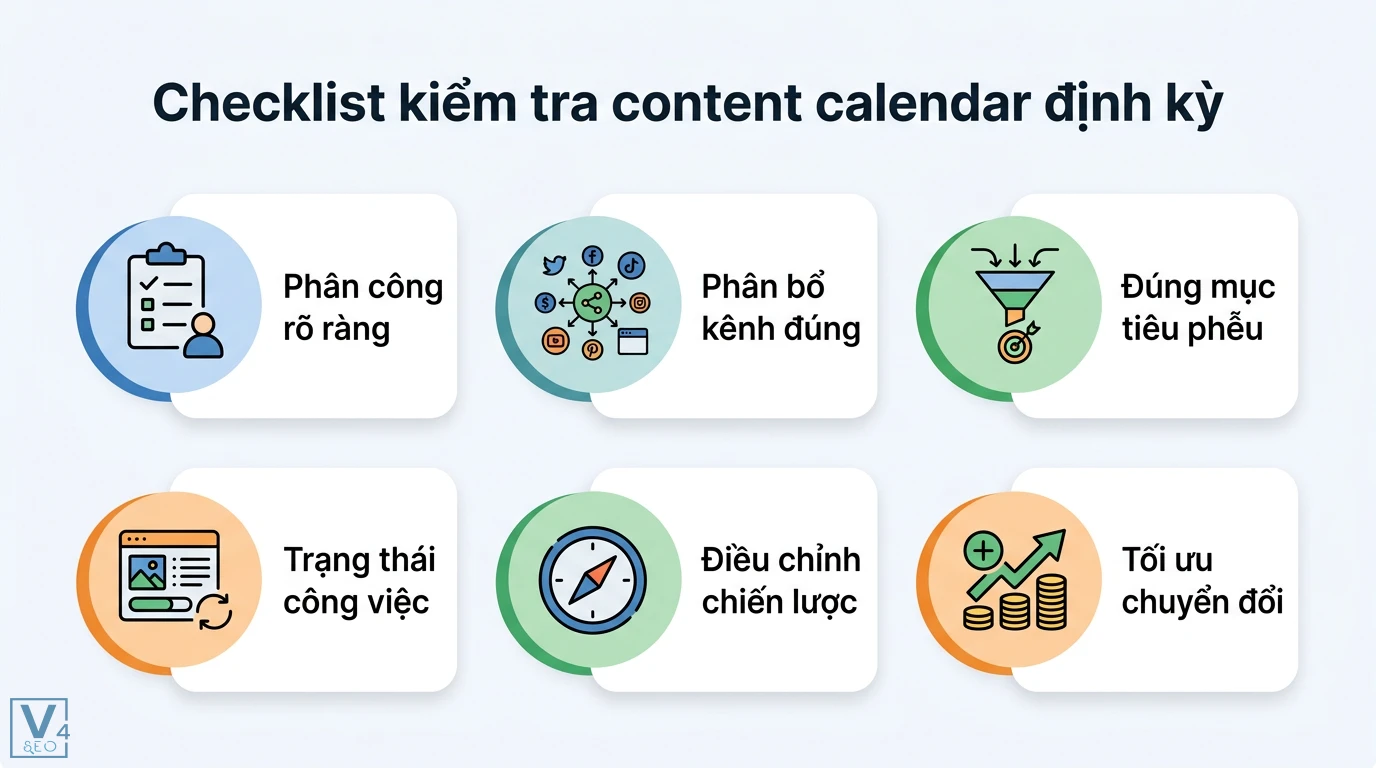 Content calendar là gì? Lập lịch nội dung đa kênh tích hợp AI 3 Checklist kiểm tra content calendar định kỳ gồm phân công, phân bổ kênh, mục tiêu phễu, trạng thái công việc, điều chỉnh chiến lược, tối ưu chuyển đổi