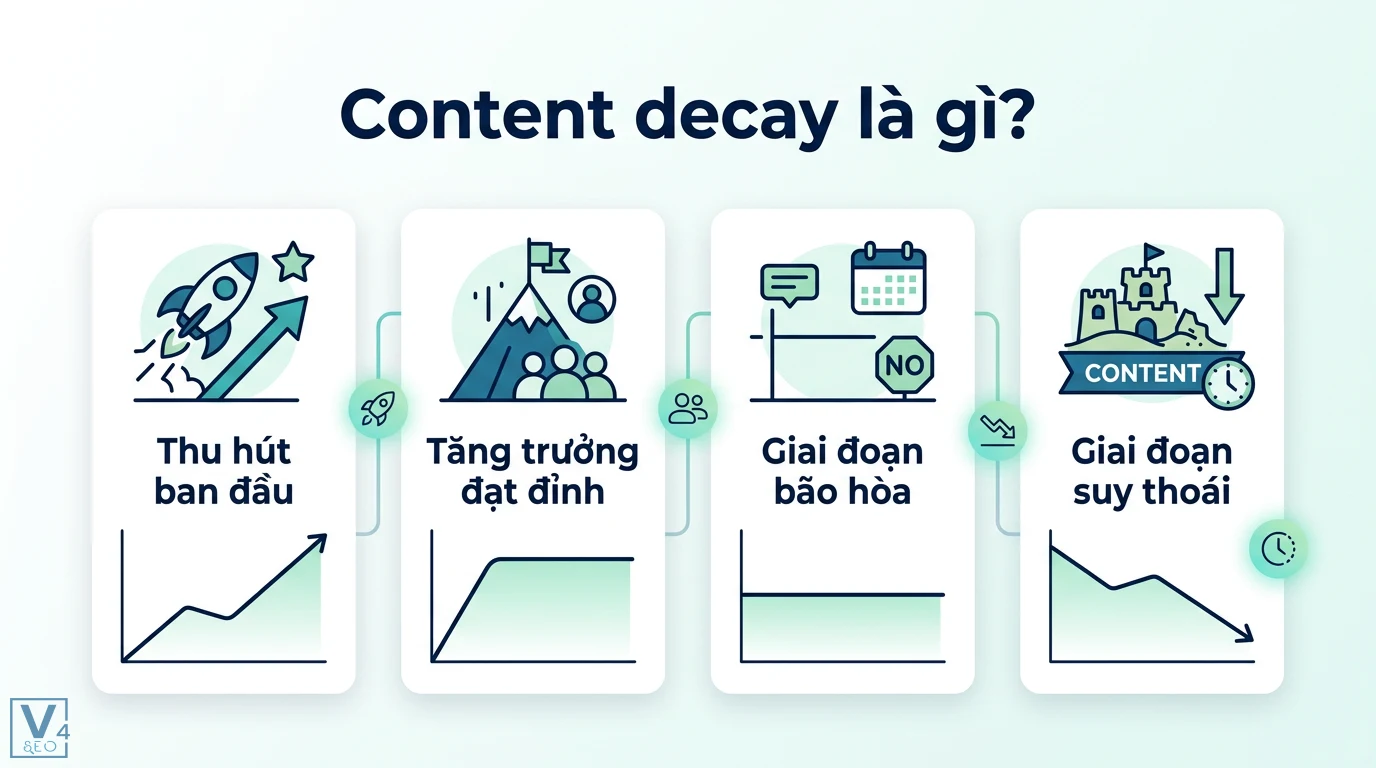 Content decay là gì? Cách audit và khôi phục traffic trong kỷ nguyên AI 1 Content decay và vòng đời nội dung qua giai đoạn thu hút ban đầu, tăng trưởng đạt đỉnh, bão hòa và suy thoái làm giảm lưu lượng truy cập