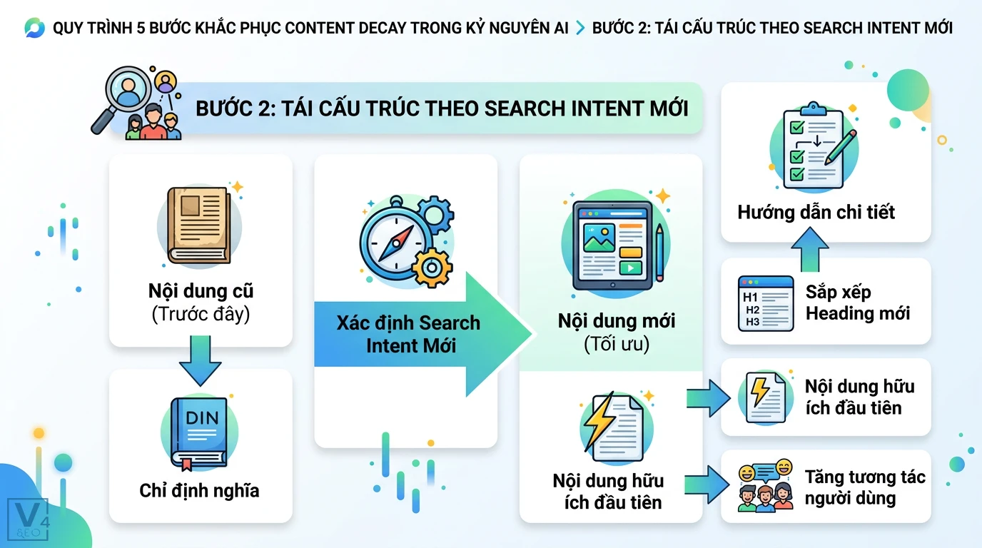 Content decay là gì? Cách audit và khôi phục traffic trong kỷ nguyên AI 2 Tái cấu trúc nội dung theo Search Intent mới, chuyển định nghĩa thành hướng dẫn chi tiết, sắp xếp Heading và ưu tiên nội dung hữu ích