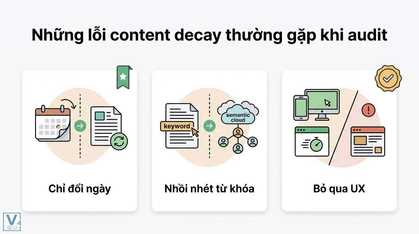 Content decay là gì? Cách audit và khôi phục traffic trong kỷ nguyên AI 3 Lỗi content decay khi audit gồm chỉ đổi ngày cập nhật, nhồi nhét từ khóa thay vì dùng semantic cloud và bỏ qua trải nghiệm người dùng UX