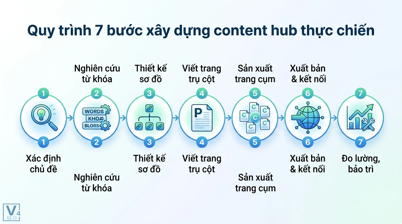 Content hub là gì? Cách xây dựng mô hình Hub and Spoke thực chiến 2 Quy trình 7 bước xây dựng content hub gồm xác định chủ đề, nghiên cứu từ khóa, trang trụ cột, trang cụm, kết nối và đo lường bảo trì
