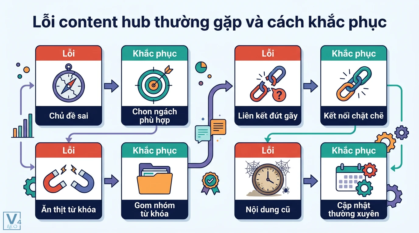 Content hub là gì? Cách xây dựng mô hình Hub and Spoke thực chiến 3 Lỗi content hub thường gặp về chủ đề, liên kết, từ khóa, nội dung và giải pháp khắc phục bằng cách chọn ngách, gom nhóm, cập nhật định kỳ