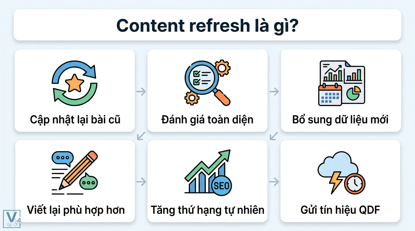 Content refresh là gì? Quy trình làm mới nội dung cũ tăng traffic 1 Quy trình content refresh gồm cập nhật bài cũ, đánh giá toàn diện, bổ sung dữ liệu, viết lại để tăng thứ hạng tự nhiên và gửi tín hiệu QDF
