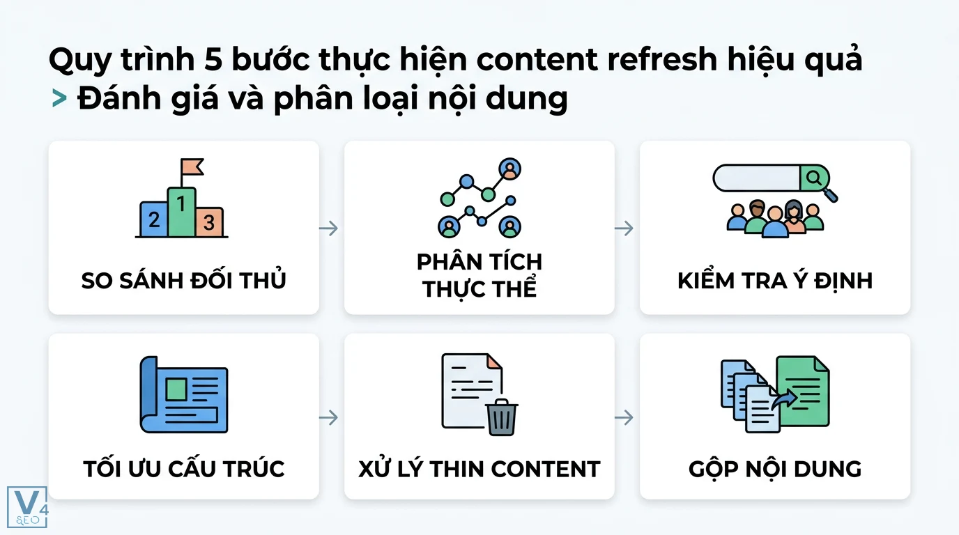 Content refresh là gì? Quy trình làm mới nội dung cũ tăng traffic 2 Đánh giá phân loại nội dung gồm so sánh đối thủ, phân tích thực thể, kiểm tra ý định, tối ưu cấu trúc, xử lý thin content và gộp nội dung