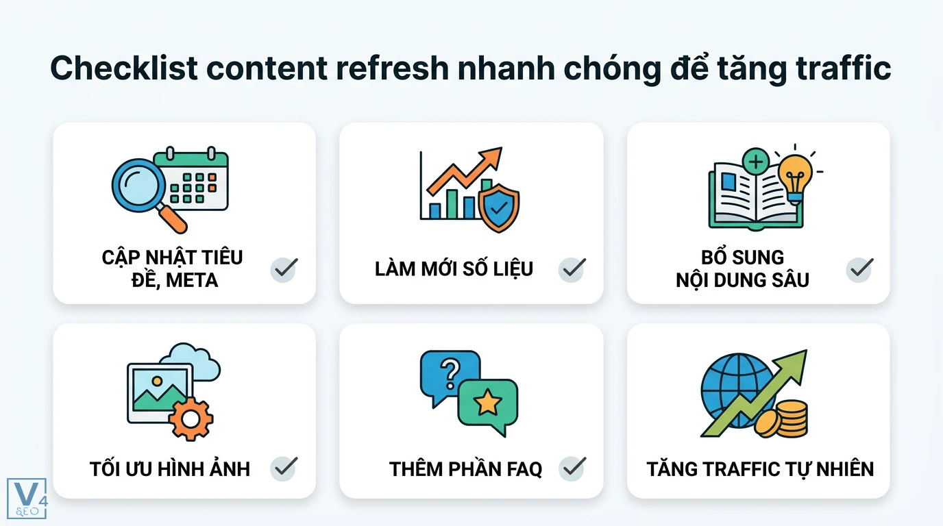 Content refresh là gì? Quy trình làm mới nội dung cũ tăng traffic 3 Checklist content refresh tăng traffic bằng cách cập nhật tiêu đề, meta, làm mới số liệu, bổ sung nội dung sâu và thêm phần FAQ