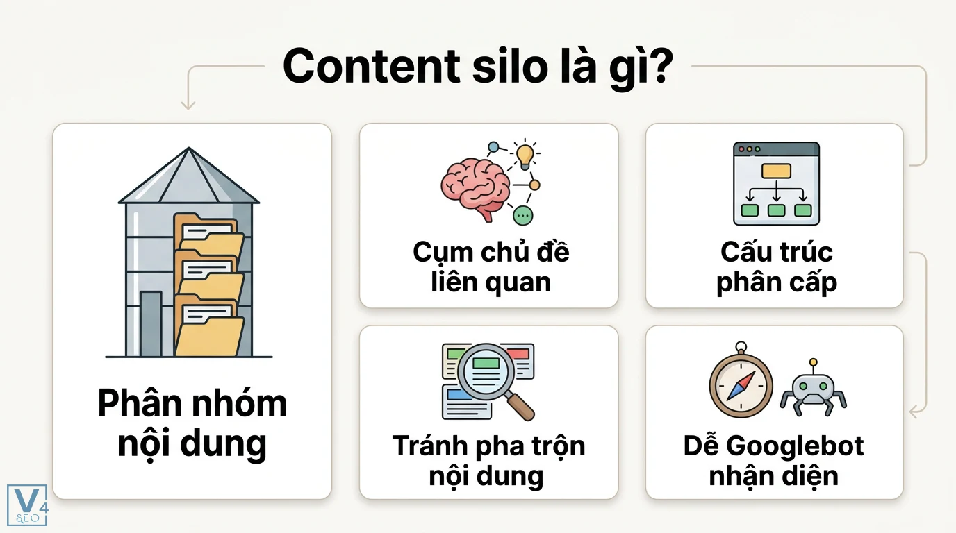 Content silo là gì? Cách kết hợp Silo và Topic Cluster hiệu quả 1 Content silo giúp phân nhóm nội dung thành các cụm chủ đề liên quan và cấu trúc phân cấp giúp Googlebot dễ dàng nhận diện thông tin website