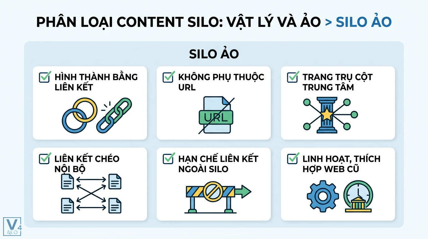 Content silo là gì? Cách kết hợp Silo và Topic Cluster hiệu quả 2 Cơ chế xây dựng silo ảo bằng liên kết nội bộ chéo giữa trang trụ cột và bài viết hỗ trợ giúp tối ưu cấu trúc website không phụ thuộc vào URL