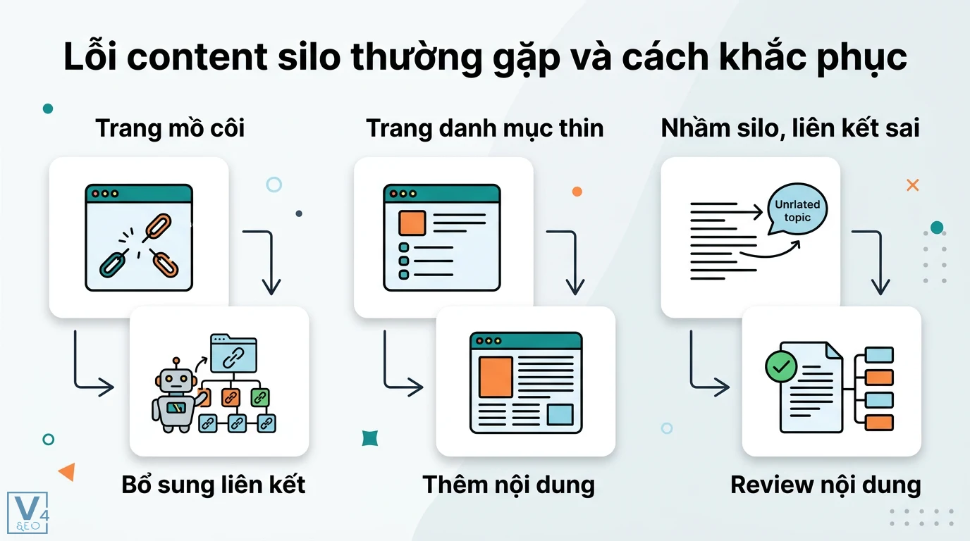 Content silo là gì? Cách kết hợp Silo và Topic Cluster hiệu quả 3 Lỗi content silo và cách khắc phục bằng việc bổ sung liên kết trang mồ côi, thêm nội dung danh mục thin và review bài viết chuẩn cấu trúc