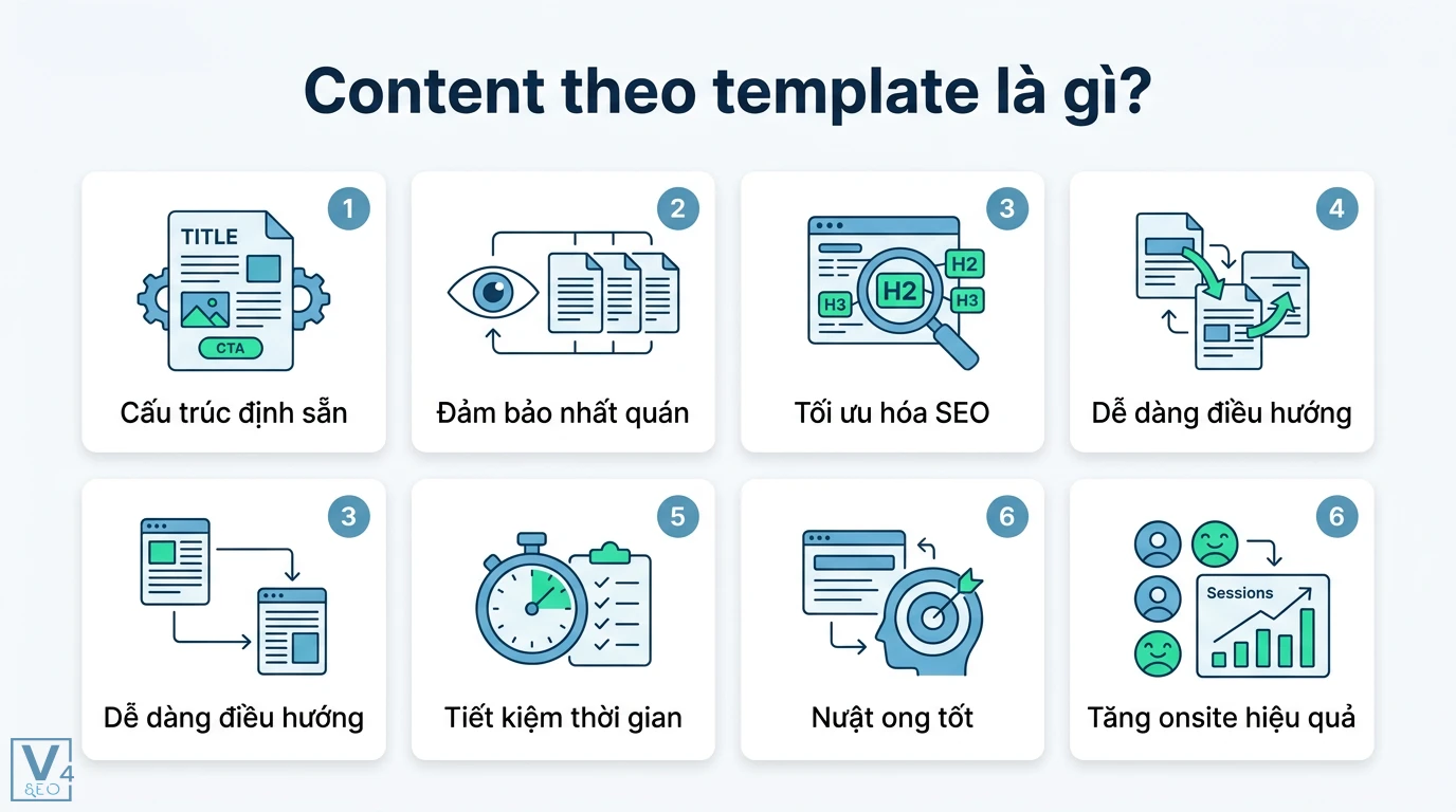 Content theo template là gì? Cách tạo khuôn mẫu chuẩn SEO hiệu quả 1 Content theo template quy định cấu trúc định sẵn, tối ưu SEO với thẻ H2 H3 giúp nhất quán nội dung, dễ điều hướng và tăng thời gian onsite