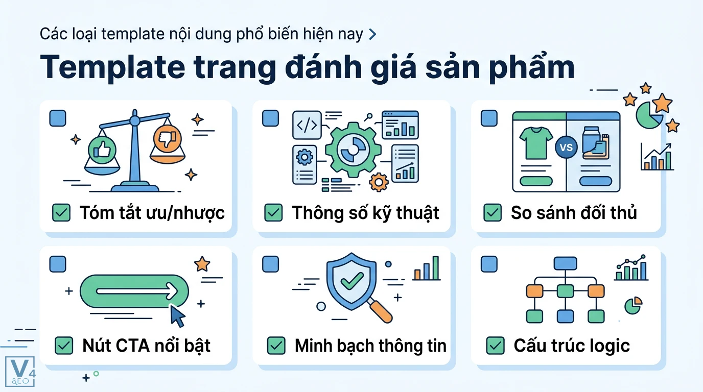 Content theo template là gì? Cách tạo khuôn mẫu chuẩn SEO hiệu quả 2 Template trang đánh giá sản phẩm gồm tóm tắt ưu nhược điểm, thông số kỹ thuật, so sánh đối thủ, nút CTA nổi bật và cấu trúc logic