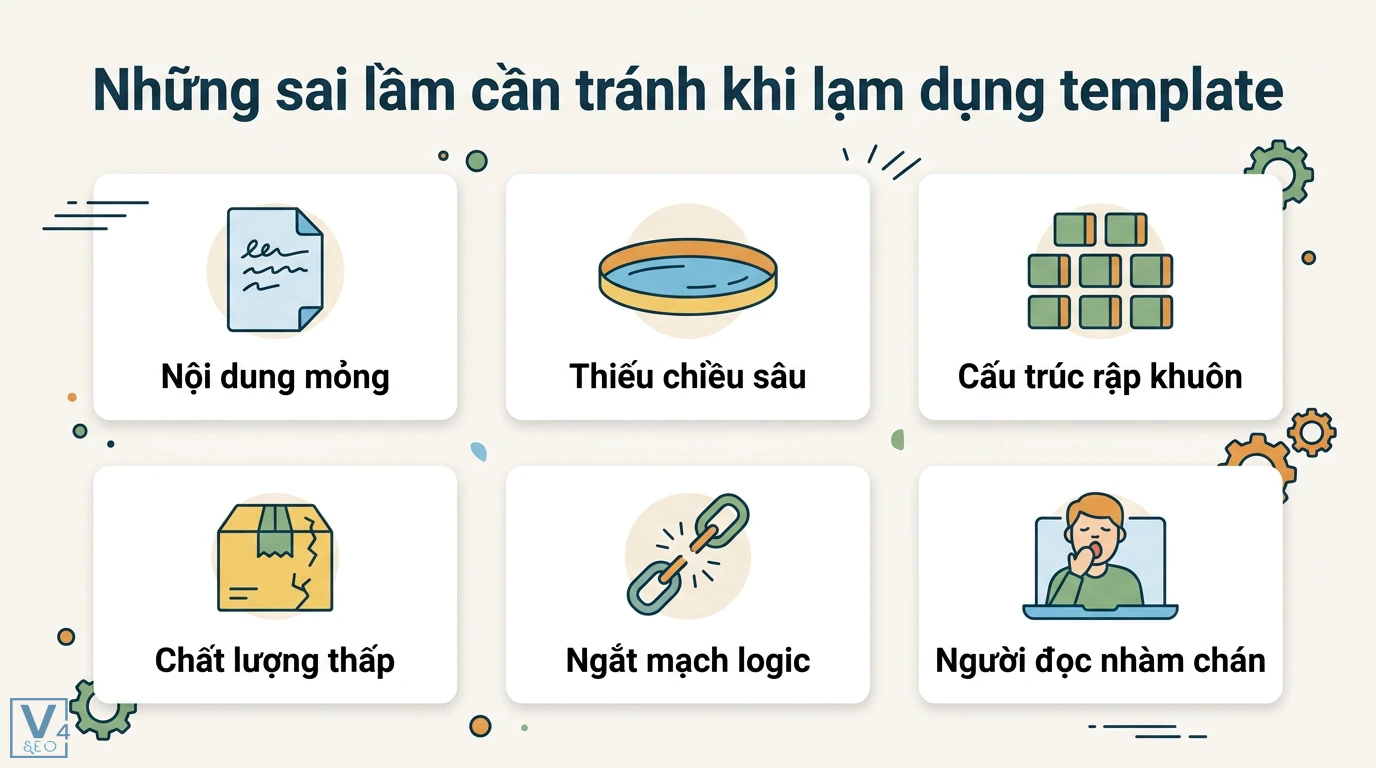 Content theo template là gì? Cách tạo khuôn mẫu chuẩn SEO hiệu quả 3 Sai lầm khi lạm dụng template gây nội dung mỏng, cấu trúc rập khuôn, thiếu chiều sâu, chất lượng thấp, ngắt mạch logic và gây nhàm chán