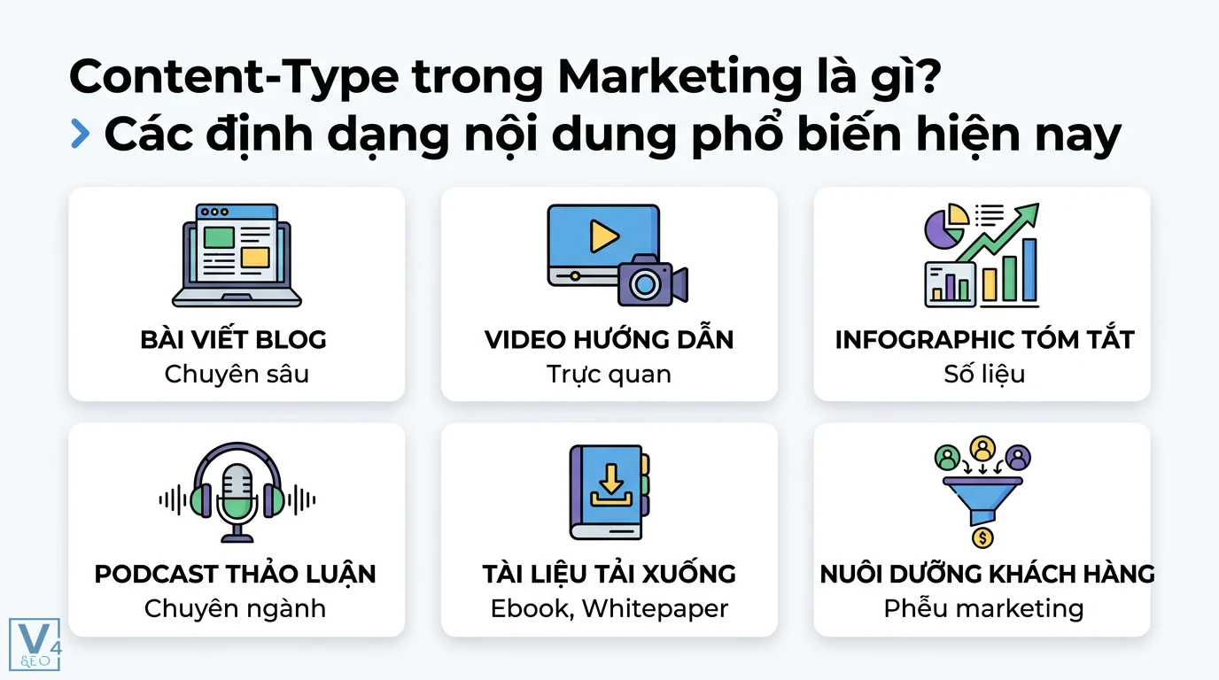Content-Type là gì? Phân biệt HTTP Header và Content Marketing 2 Các định dạng nội dung phổ biến gồm blog, video hướng dẫn, infographic, podcast và tài liệu nuôi dưỡng khách hàng trong phễu marketing