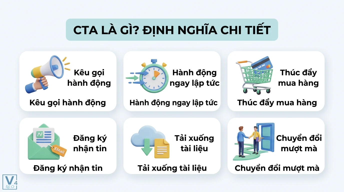 CTA là gì? Cách dùng nút kêu gọi hành động tăng tỷ lệ chuyển đổi 1 CTA định nghĩa chi tiết kêu gọi hành động ngay lập tức, thúc đẩy mua hàng, đăng ký nhận tin, tải xuống tài liệu và chuyển đổi mượt mà