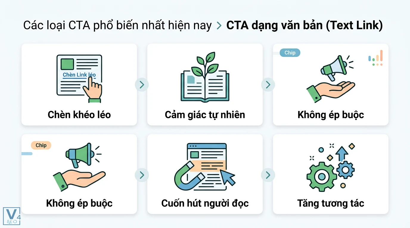 CTA là gì? Cách dùng nút kêu gọi hành động tăng tỷ lệ chuyển đổi 2 CTA dạng văn bản (Text Link) được chèn khéo léo tạo cảm giác tự nhiên không ép buộc giúp cuốn hút người đọc và tăng tương tác hiệu quả