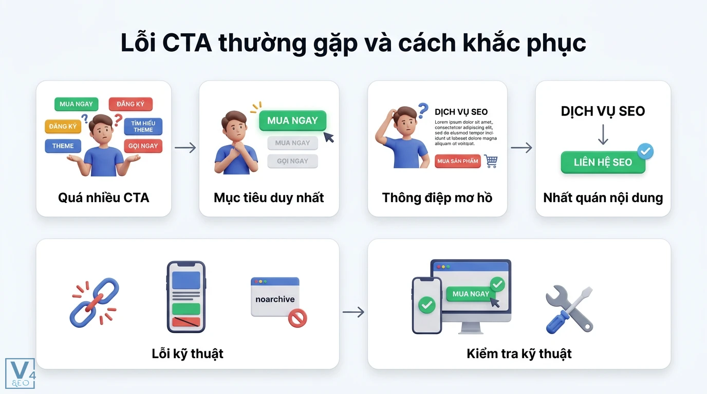 CTA là gì? Cách dùng nút kêu gọi hành động tăng tỷ lệ chuyển đổi 3 Lỗi CTA thường gặp và cách khắc phục bằng việc tối ưu mục tiêu duy nhất, nhất quán thông điệp và kiểm tra kỹ thuật như thẻ meta noarchive