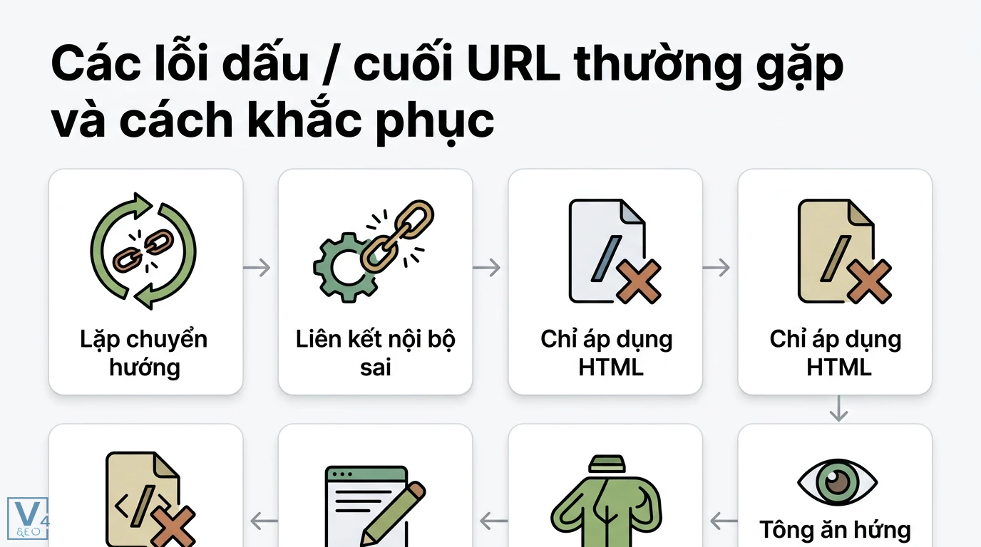 Dấu / cuối URL là gì? Cách tối ưu Trailing Slash chuẩn SEO 3 Các lỗi dấu gạch chéo cuối URL thường gặp như lặp chuyển hướng, sai liên kết nội bộ và giải pháp khắc phục lỗi cấu hình cho trang nội dung HTML