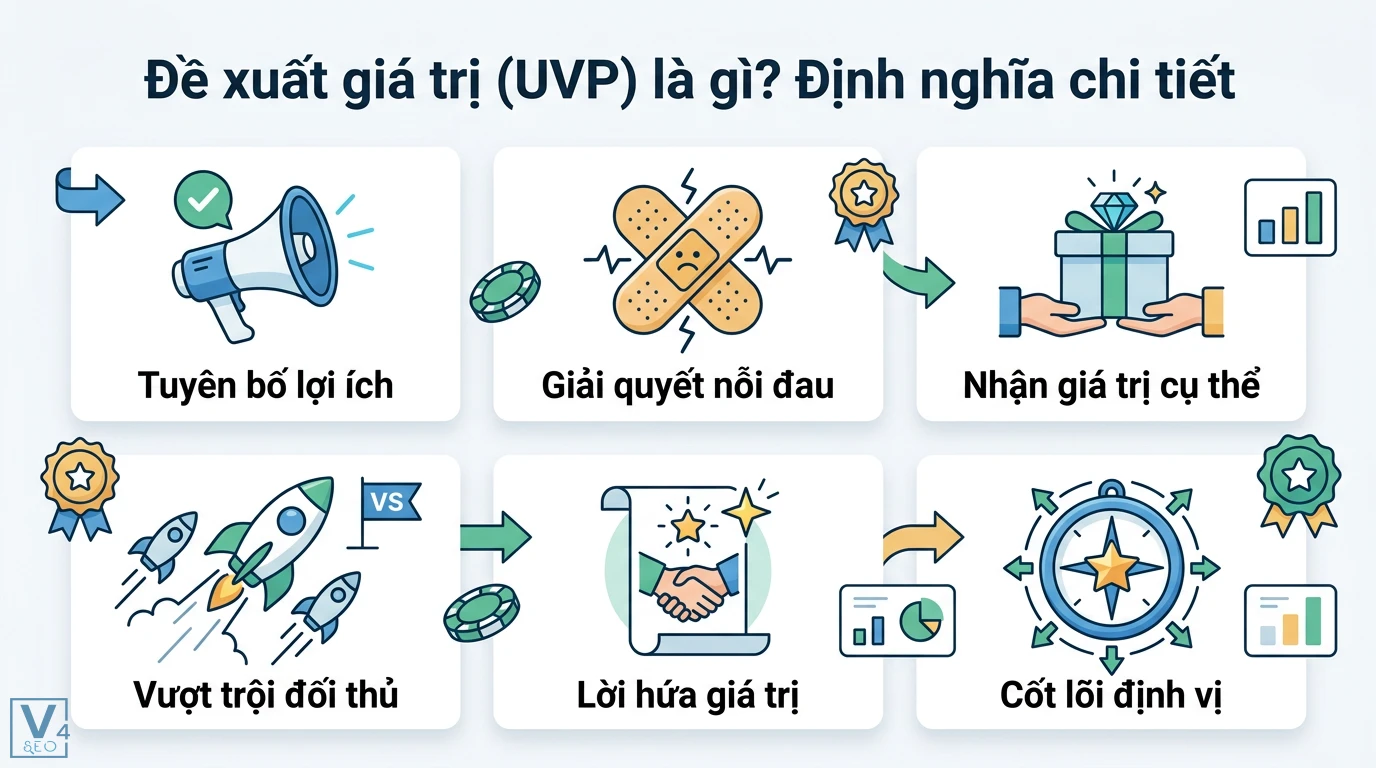 Đề xuất giá trị (UVP) là gì? Cách xây dựng và mẫu template chuẩn 1 Đề xuất giá trị UVP giúp tuyên bố lợi ích, giải quyết nỗi đau, nhận giá trị cụ thể, vượt trội đối thủ và định vị thương hiệu cốt lõi