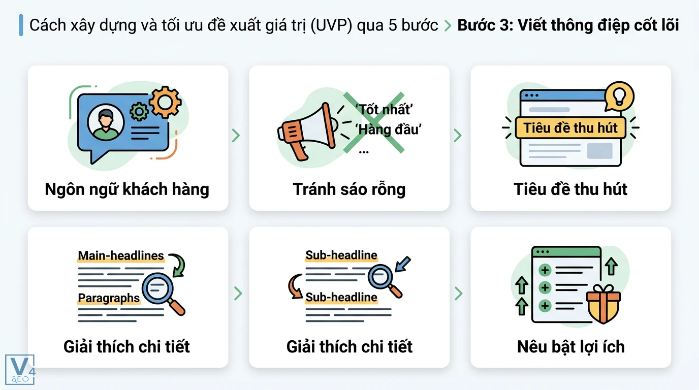 Đề xuất giá trị (UVP) là gì? Cách xây dựng và mẫu template chuẩn 2 Viết thông điệp cốt lõi cho UVP bằng ngôn ngữ khách hàng, tránh từ sáo rỗng, tạo tiêu đề thu hút, giải thích chi tiết và nêu bật lợi ích