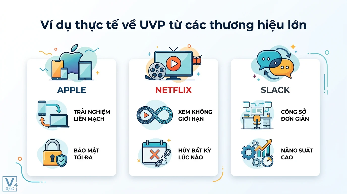 Đề xuất giá trị (UVP) là gì? Cách xây dựng và mẫu template chuẩn 3 Ví dụ thực tế về UVP của Apple với trải nghiệm liền mạch, Netflix xem không giới hạn và Slack giúp tối ưu năng suất công sở đơn giản