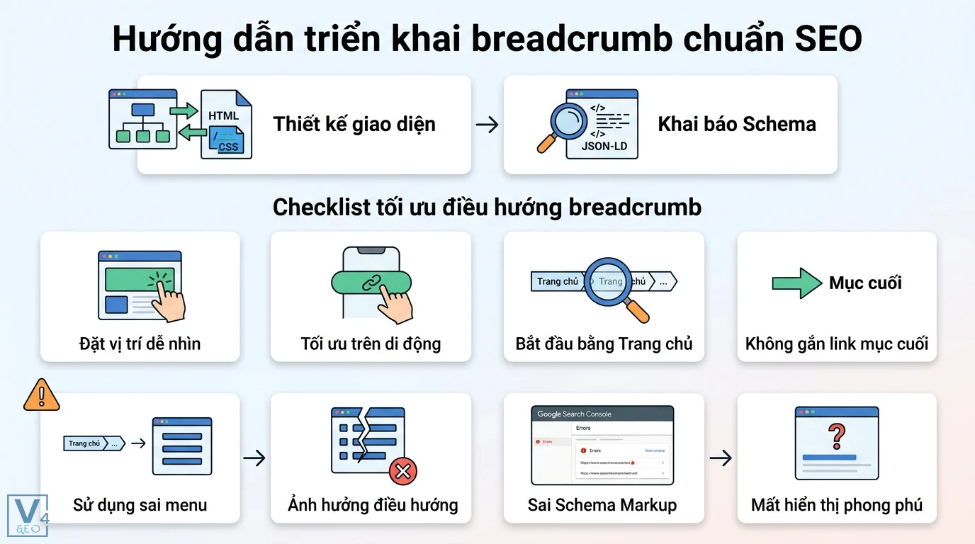 Điều hướng breadcrumb là gì? Cách tối ưu UX và Schema chuẩn SEO 2 Triển khai breadcrumb chuẩn SEO gồm kỹ thuật Schema JSON-LD, thiết kế giao diện và checklist tối ưu di động để hiển thị rich results Google