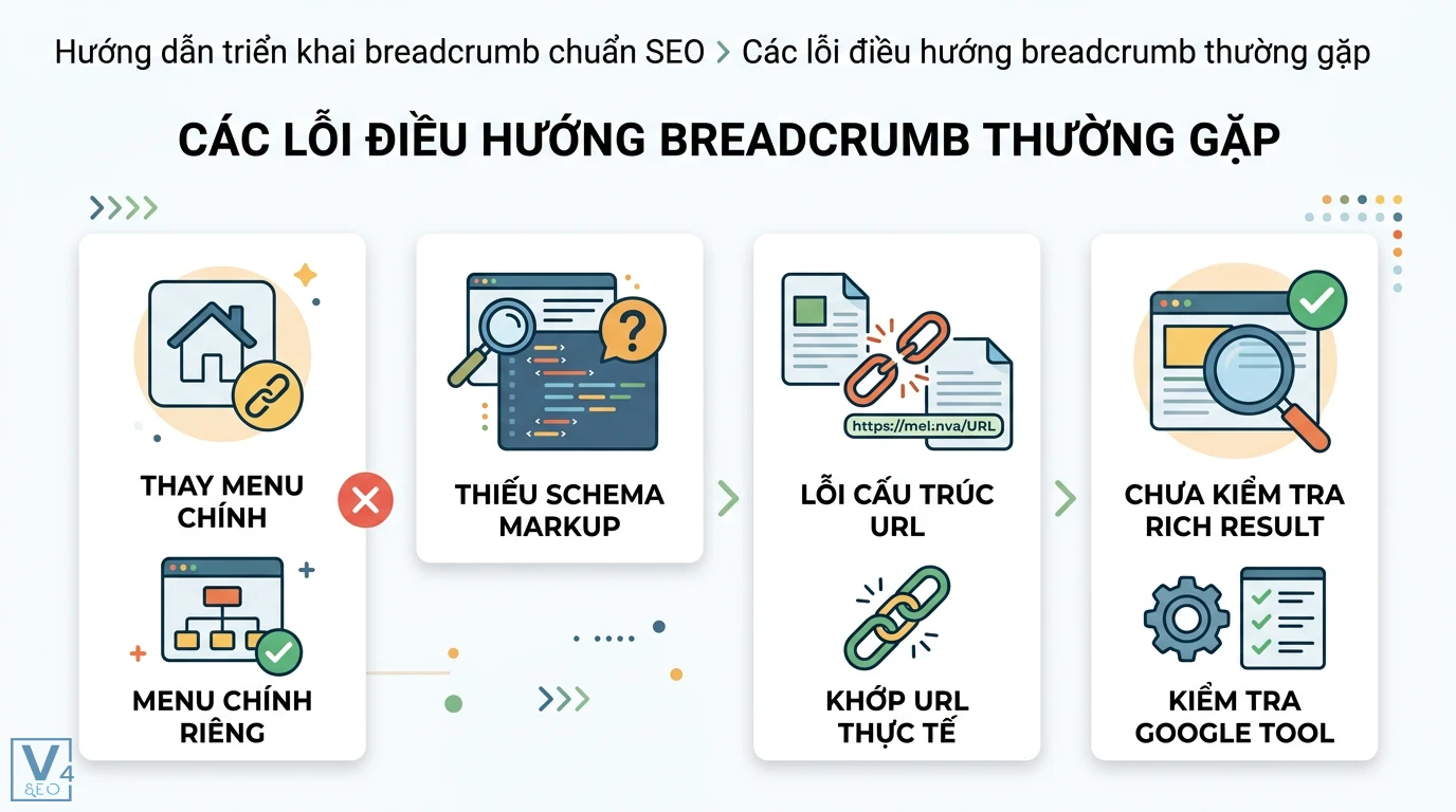 Điều hướng breadcrumb là gì? Cách tối ưu UX và Schema chuẩn SEO 3 Các lỗi điều hướng breadcrumb gồm thay thế menu chính, thiếu Schema Markup, sai cấu trúc URL và chưa kiểm tra Rich Result bằng Google Tool