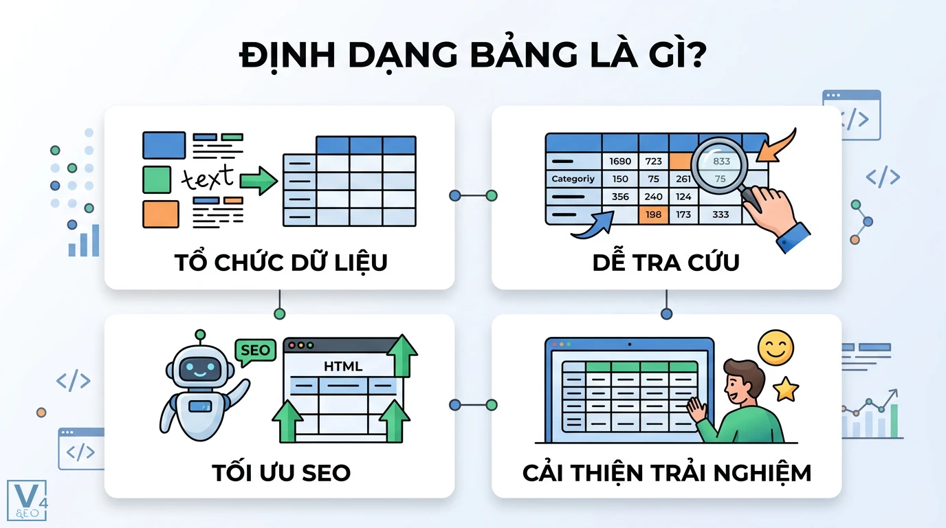 Định dạng bảng là gì? Cách trình bày dữ liệu trong Excel và Word 3 Định dạng bảng giúp tổ chức dữ liệu rành mạch, hỗ trợ dễ dàng tra cứu, tối ưu SEO bằng thẻ HTML và cải thiện trải nghiệm người dùng