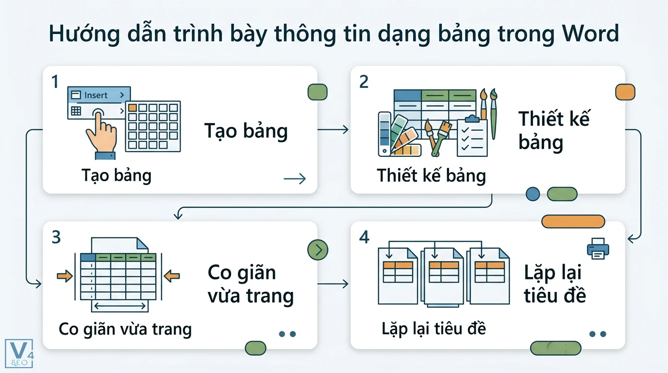 Định dạng bảng là gì? Cách trình bày dữ liệu trong Excel và Word 1 Các bước tạo và trình bày bảng trong Word gồm chèn bảng, thiết kế, co giãn AutoFit vừa khổ giấy và lặp lại dòng tiêu đề khi qua trang mới