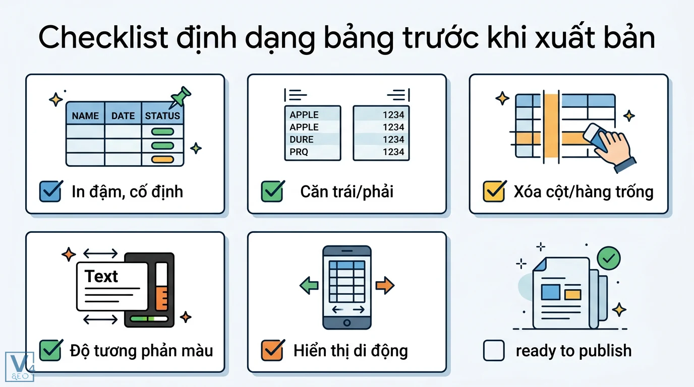 Định dạng bảng là gì? Cách trình bày dữ liệu trong Excel và Word 2 Checklist định dạng bảng trước khi xuất bản gồm in đậm tiêu đề, căn lề trái phải, xóa hàng cột trống, độ tương phản màu và hiển thị di động