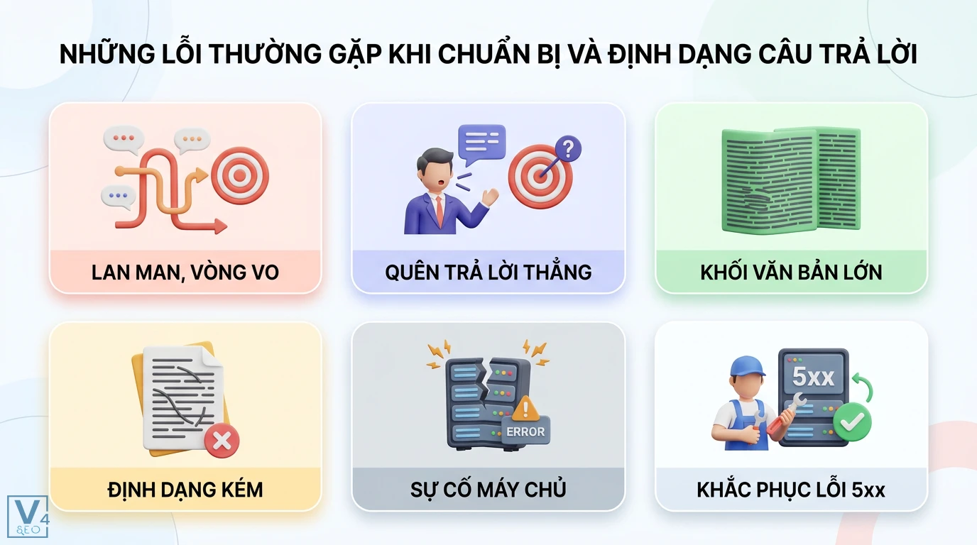 Định dạng trả lời trước là gì? Bí quyết trả lời chuyên nghiệp 3 Lỗi chuẩn bị câu trả lời gồm nội dung lan man, quên trả lời thẳng, văn bản dày đặc, định dạng kém và sự cố máy chủ 5xx cản trở tiếp cận