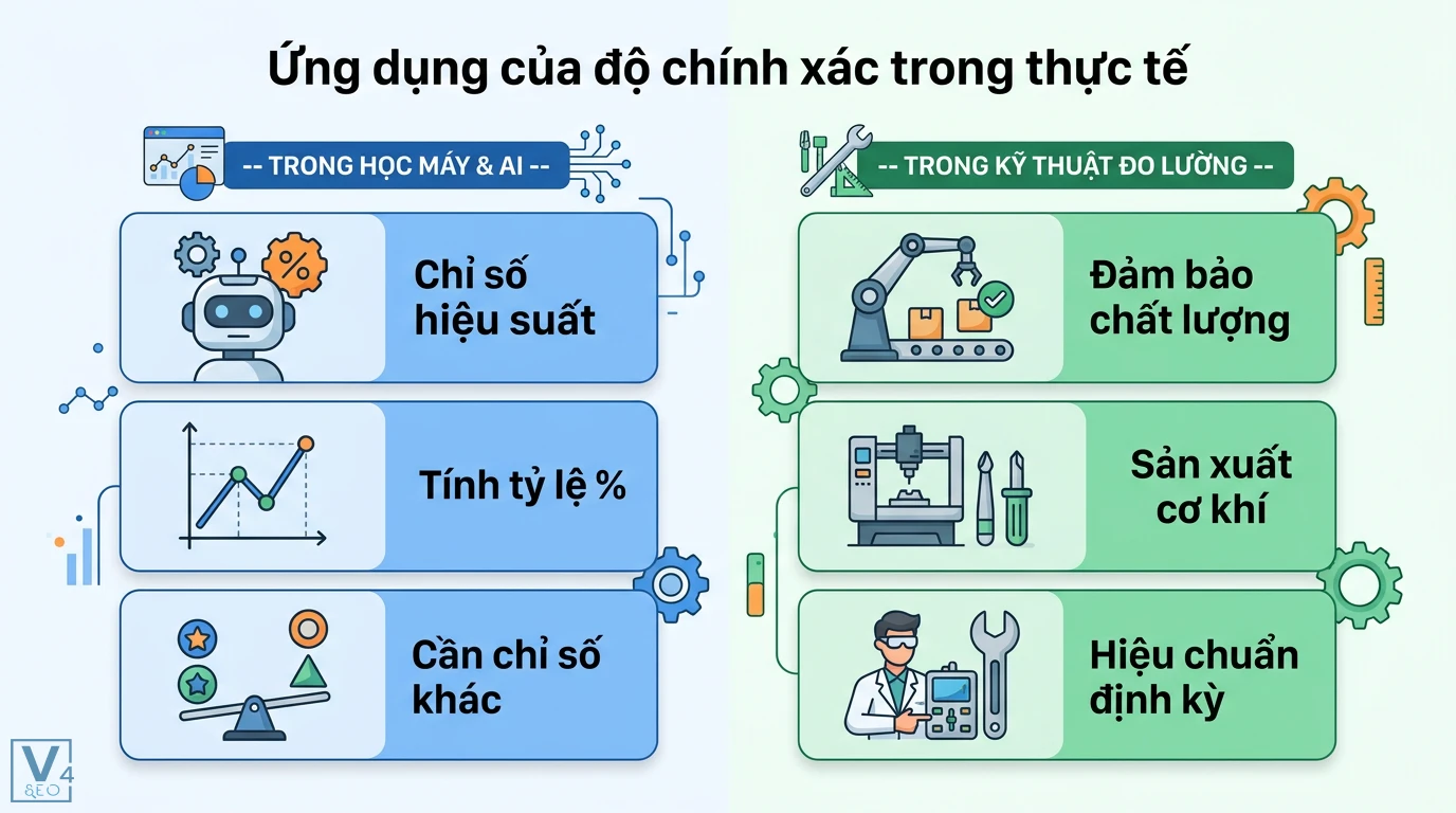 Độ chính xác là gì? Phân biệt Accuracy và Precision trực quan 2 Ứng dụng độ chính xác trong học máy AI giúp đánh giá hiệu suất và kỹ thuật đo lường nhằm đảm bảo chất lượng sản xuất và hiệu chuẩn định kỳ