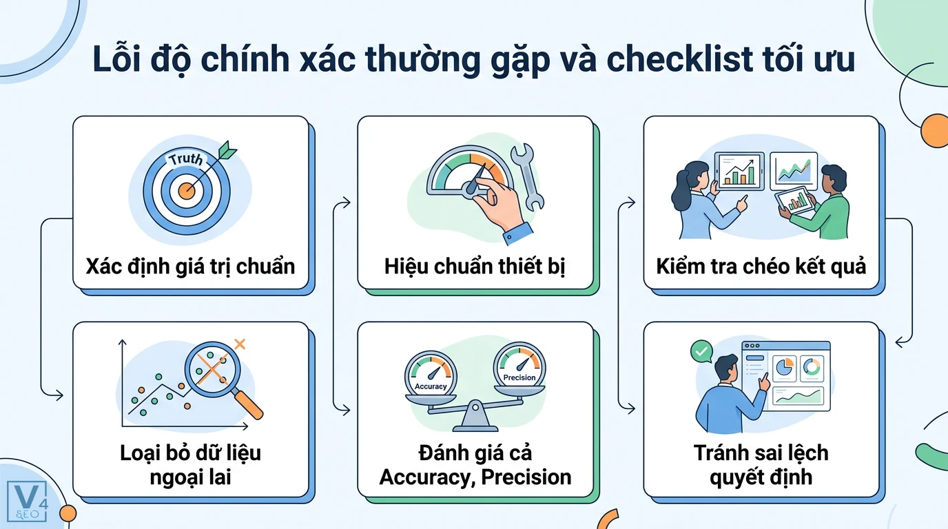 Độ chính xác là gì? Phân biệt Accuracy và Precision trực quan 3 Checklist tối ưu độ chính xác qua xác định giá trị chuẩn, hiệu chuẩn, kiểm tra chéo, lọc dữ liệu ngoại lai và đánh giá Accuracy, Precision