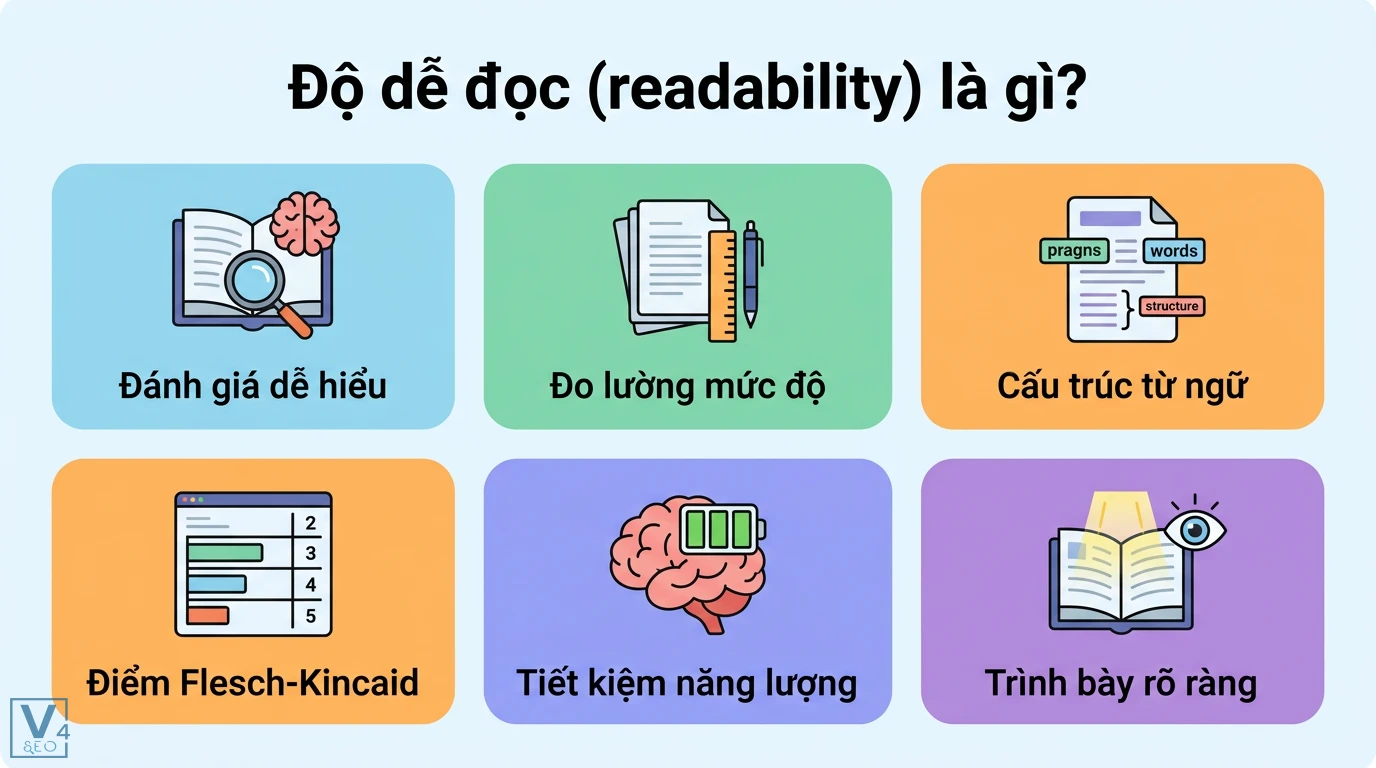 Độ dễ đọc là gì? Cách tối ưu Readability cho SEO và UX/UI hiệu quả 1 Độ dễ đọc readability gồm đánh giá dễ hiểu, cấu trúc từ ngữ, điểm Flesch-Kincaid, trình bày rõ ràng giúp bộ não tiết kiệm năng lượng xử lý