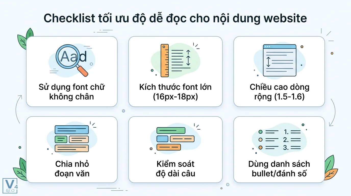 Độ dễ đọc là gì? Cách tối ưu Readability cho SEO và UX/UI hiệu quả 3 Checklist tối ưu độ dễ đọc website gồm font không chân, size 16-18px, chiều cao dòng 1.5-1.6, chia nhỏ đoạn văn và dùng danh sách liệt kê