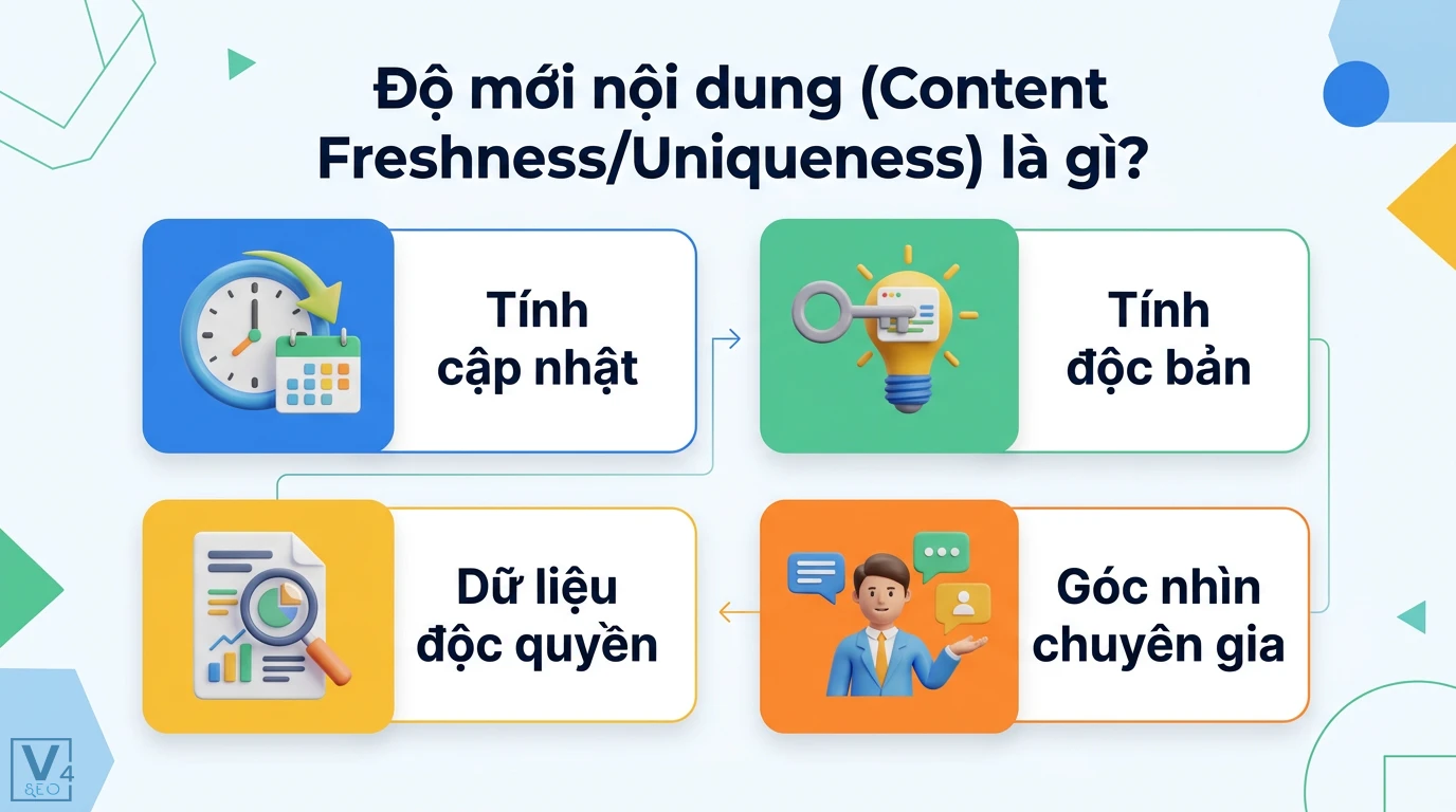 Độ mới nội dung là gì? Cách tạo nội dung độc bản chuẩn Google 1 Độ mới nội dung Content Freshness Uniqueness bao gồm tính cập nhật, tính độc bản, dữ liệu độc quyền và góc nhìn chuyên gia trong SEO