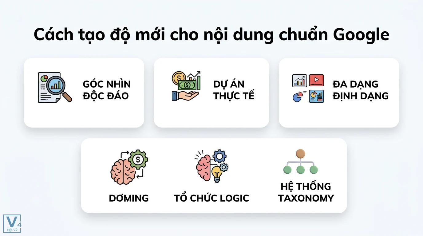 Độ mới nội dung là gì? Cách tạo nội dung độc bản chuẩn Google 2 Cách tạo độ mới cho nội dung chuẩn Google bằng góc nhìn độc đáo, dự án thực tế, đa dạng định dạng, tổ chức logic và hệ thống taxonomy