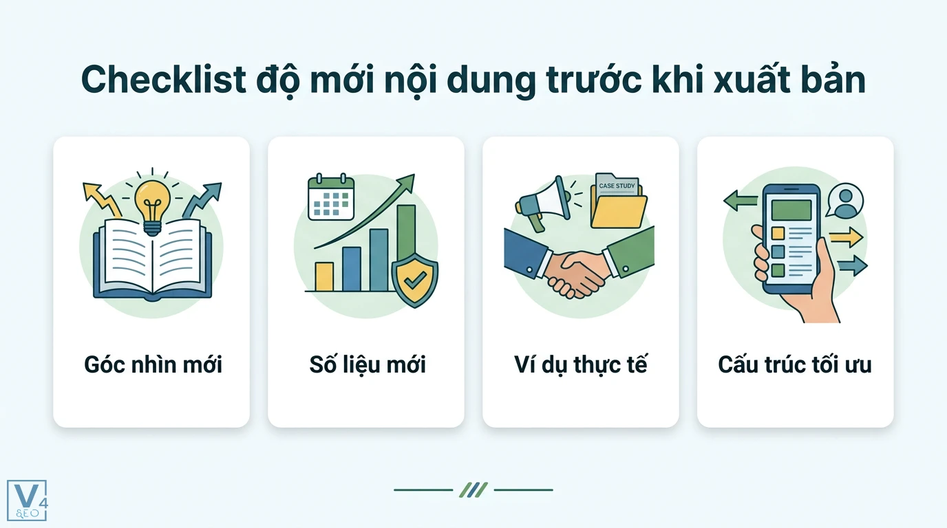 Độ mới nội dung là gì? Cách tạo nội dung độc bản chuẩn Google 3 Checklist độ mới nội dung trước khi xuất bản với các tiêu chí góc nhìn mới, số liệu cập nhật, ví dụ thực tế và cấu trúc bài viết tối ưu