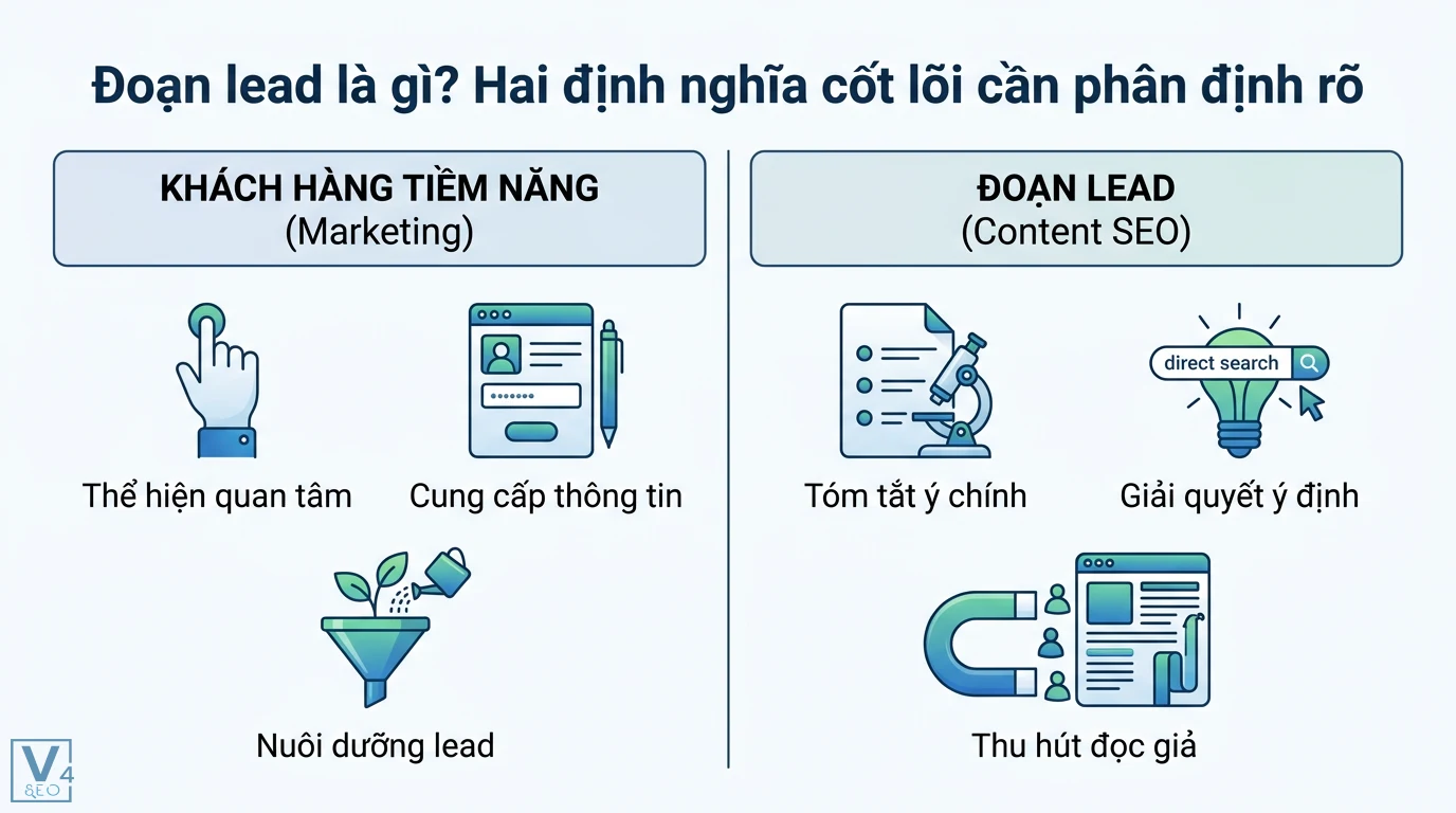 Đoạn lead là gì? Cách phân loại IQL, MQL, SQL và quy trình xử lý 1 Phân biệt khách hàng tiềm năng trong Marketing và đoạn lead Content SEO giúp tóm tắt ý chính, giải quyết ý định tìm kiếm và thu hút độc giả