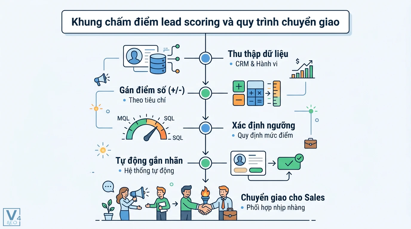 Đoạn lead là gì? Cách phân loại IQL, MQL, SQL và quy trình xử lý 2 Quy trình lead scoring thu thập dữ liệu CRM, gán điểm số, tự động gắn nhãn MQL SQL và chuyển giao khách hàng tiềm năng cho sales