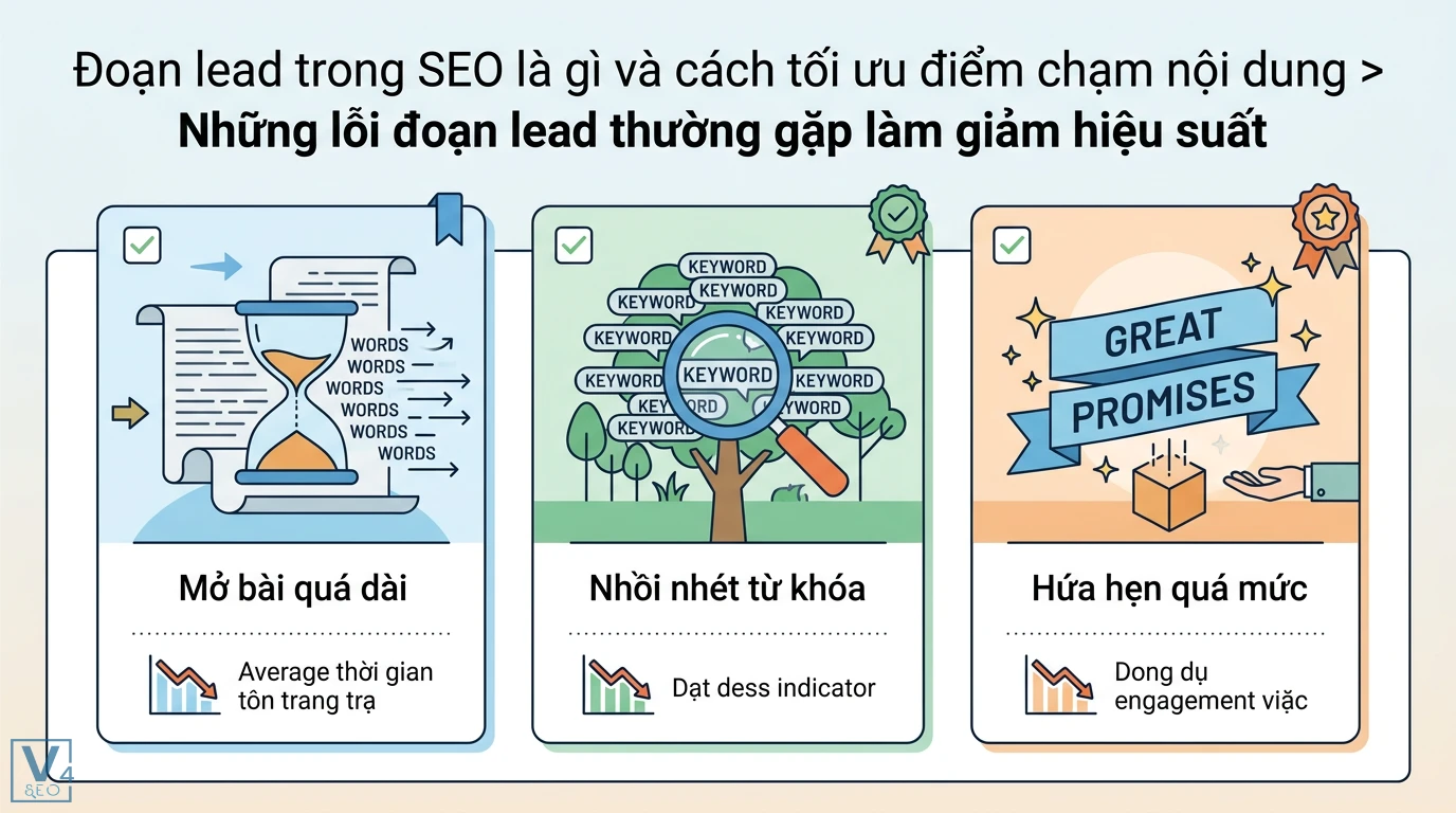 Đoạn lead là gì? Cách phân loại IQL, MQL, SQL và quy trình xử lý 3 Lỗi đoạn lead SEO thường gặp như mở bài quá dài, nhồi nhét từ khóa và hứa hẹn quá mức làm giảm thời gian trên trang và hiệu suất nội dung