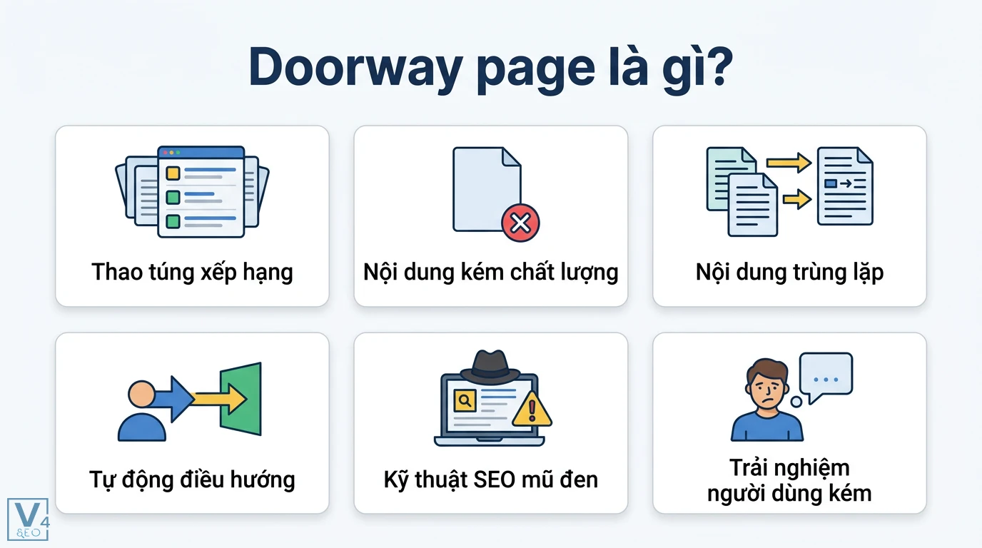 Doorway page là gì? Cách phân biệt trang cửa ngõ và Landing Page 1 Doorway page gồm thao túng xếp hạng, nội dung kém chất lượng, trùng lặp, tự động điều hướng, kỹ thuật SEO mũ đen và trải nghiệm người dùng kém