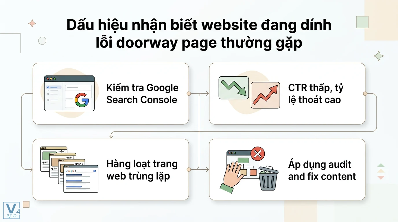 Doorway page là gì? Cách phân biệt trang cửa ngõ và Landing Page 2 Dấu hiệu doorway page qua Google Search Console với chỉ số CTR thấp, tỷ lệ thoát cao, nội dung trùng lặp và quy trình audit fix content