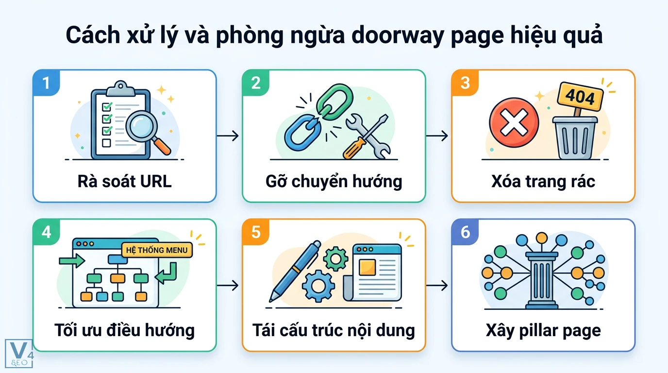Doorway page là gì? Cách phân biệt trang cửa ngõ và Landing Page 3 Cách xử lý doorway page qua rà soát URL, gỡ chuyển hướng, xóa trang rác, tối ưu điều hướng, tái cấu trúc nội dung và xây dựng pillar page
