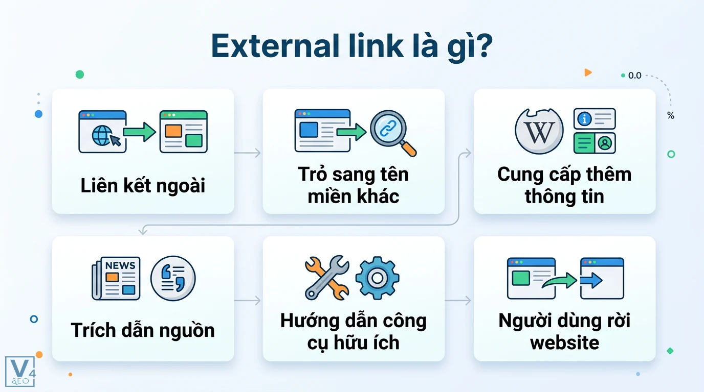 External link là gì? Hướng dẫn tối ưu liên kết ngoài chuẩn SEO 2026 1 External link là liên kết ngoài trỏ sang tên miền khác giúp cung cấp thông tin, trích dẫn nguồn và dẫn dắt người dùng đến các công cụ hữu ích